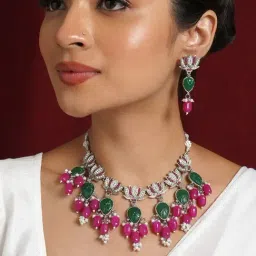 Teejh Sadhani Silver Oxidised Pink And Green Necklace Set-image-13