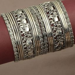 Oomph Oxidized Silver Elephant Design Classic Bangles - Set of 18 image 1