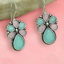 Oomph Pink & Mint Green Silver Oxidized Ethnic Drop Earrings image 1