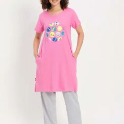 Clovia Pink & Grey Cotton Printed Sleep Tees Pyjamas Set-image-16