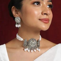 Teejh Soyarabai Silver Oxidised White Necklace Set-15
