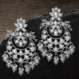 Karatcart Silver-Plated Pearl & Kundan Studded Dangler Earrings for Women-48