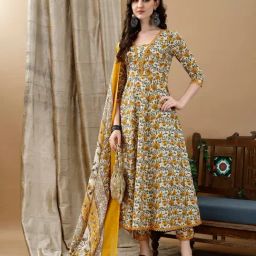 BERRYLICIOUS Yellow Floral Printed Anarkali Kurta with Pant & Dupatta-image-54