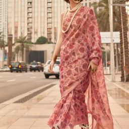 Vardha Light Pink Floral Print Saree With Unstitched Blouse-image-98