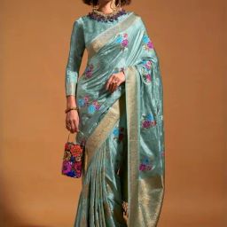 Vardha Sea Green Floral Print Saree With Unstitched Blouse-image-52