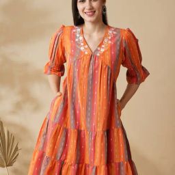 Globus Orange Cotton Embroidered A Line Dress-image-9