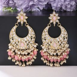 Zaveri Pearls Pink Cluster Beads Kundan Crescent Dangler Earrings-ZPFK13794 image 1