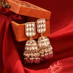 Zaveri Pearls Pink Cluster Beads & Dazzling Kundan Embellished Statement Jhumki Earrings-ZPFK16207 image 1