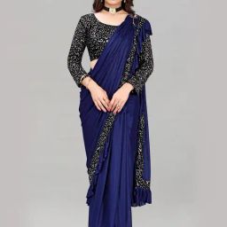 Satrani Navy Embellished Saree With Unstitched Blouse Piece-image-3