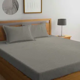 Klotthe Stripes Beige 300 TC Cotton King Bedsheet with 2 Pillow Covers-picture-37