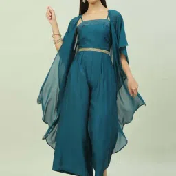 Biba Teal Blue Printed Jumpsuit With Jacket-picture-21