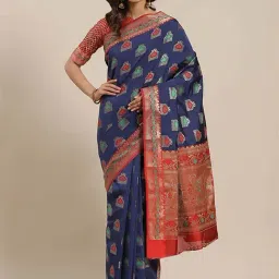 Blissta Navy & Red Woven Saree With Unstitched Blouse-picture-32
