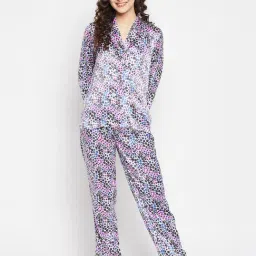 Clovia Multicolor Satin Floral Print Shirt With Pyjamas-8