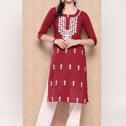 Yufta Floral Embroidered Chikankari Pure Cotton Kurta-picture-10