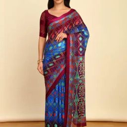 Soch Womens Turquoise Blue Chiffon Bandhani Print Saree-image-74