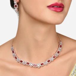 Zaveri Pearls Pink Dazzling Cubic Zirconia Designer Brass Necklace & Earring Set-ZPFK15989-17