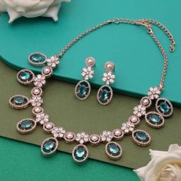 Zaveri Pearls Turquoise Blue Cubic Zirconia Designer Brass Necklace Earring Set-ZPFK15990-13