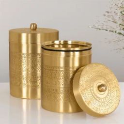 Peepul Tree Gold Brass Storage Jar With Lid - Set of 2-10