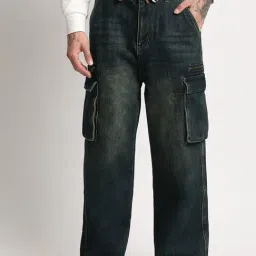 The Bear House Blue Cotton Flare Fit Cargo Jeans-picture-0