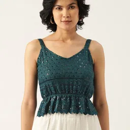 BRINNS Teal Green Embroidered Cinched Waist Crop Top-image-38