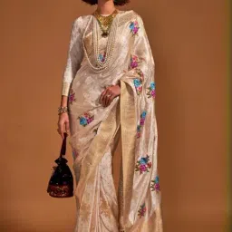 Vardha Beige Floral Print Saree With Unstitched Blouse-image-13