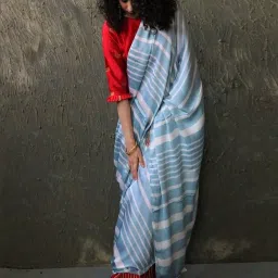 Chidiyaa Red & Blue Block Printed Modal Silk Saree image 2