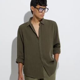 ETA by Westside Olive Crinkle Textured Relaxed-Fit Cotton Shirt-image-65