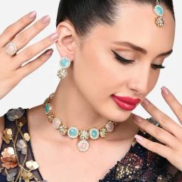Zaveri Pearls Turquoise Blue Pink Kundan Flowers Necklace Earring Maangtikka Ring Set-ZPFK15978-9