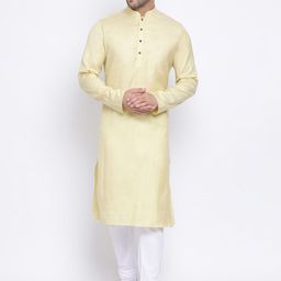 NAMASKAR Men Cream-Coloured & White Solid Cotton Kurta with Churidar-picture-13