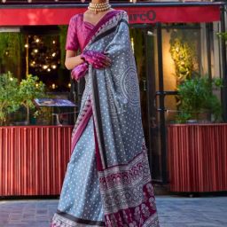 Elora Grey & Pink Printed Saree With Unstitched Blouse-image-39