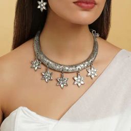 Teejh Dravya Silver Oxidised White stone and Pearl Necklace Set-15