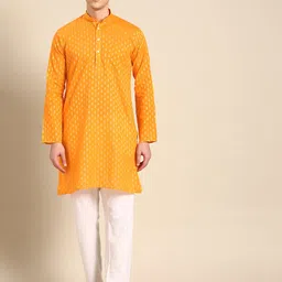 RAJUBHAI HARGOVINDAS Men Yellow & White Ethnic Motifs Indie Prints Dobby Kurta-picture-37