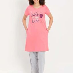 Clovia Pink & Grey Cotton Printed Sleep Tees Pyjamas Set-image-20