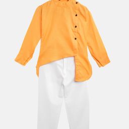 AD & AV Boys Yellow & White Solid Asymmetric Angrakha Kurta with Pyjamas-15