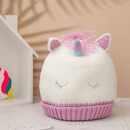 Yellow Bee Girls Self Design Woollen Unicorn Beanie-4