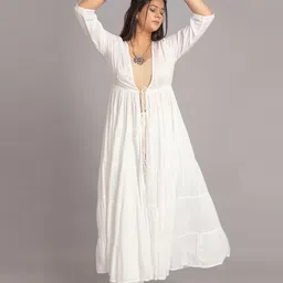 SUTI Self Design Tie-Up Tiered Longline Cotton Shrug-29