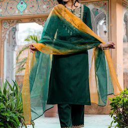 SANISA Ethnic Motifs Embroidered Straight Sequinned Kurta With Trousers & Dupatta-image-70