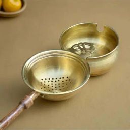 Peepul Tree Brass & Wood Tea Strainer & bowl for Everyday Luxury Kitchen usage | Wooden Handle |-picture-3