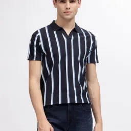 Lindbergh Navy Slim Fit Striped Cotton Polo T-Shirt-image-15