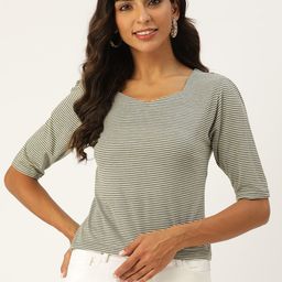 BROOWL Olive Green & White Striped Crop Top-image-11