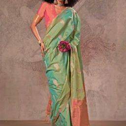 Vardha Green & Coral Woven Saree With Unstitched Blouse-picture-12