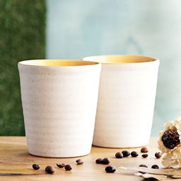 MIAH Decor Off-White & Peach-Coloured 2-Pieces Solid Ceramic Cups and Saucers Set-12
