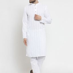 TREEMODA Men White Embroidered Kurta with Pyjamas-picture-55