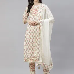 Divena Women Cream-Coloured Floral Thread Work Cotton Kurta with Palazzos & Dupatta-picture-44