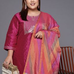 Varanga Women Magenta Floral Embroidered Kurta with Trousers & Dupatta-picture-44