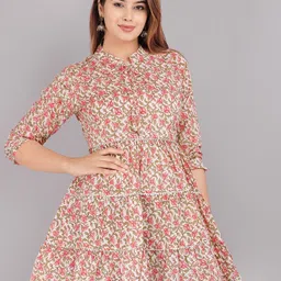 KALINI Women Beige & Peach-Coloured Floral Print Mandarin Collar Tie-Up Neck Longline Top-24
