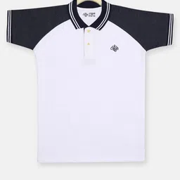 CHIMPRALA Boys White & Navy Blue Colourblocked Polo Collar T-shirt-image-39