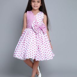 Pink Chick Girls Polka Dot Printed V-Neck Party Cotton Balloon Bow Dress & Matching Clip-34