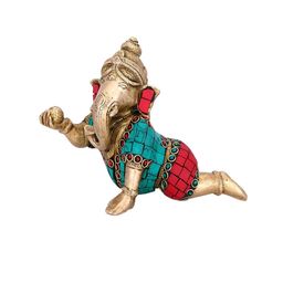 CraftVatika Gold-Toned & Turquoise Blue Handcrafted Brass Crawling Baby Ganesh Idol-image-31