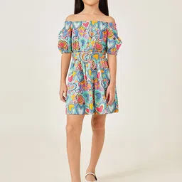 One Friday Girls Graphic Printed Off-Shoulder Fit and Flare Dress Comes with a belt-picture-33